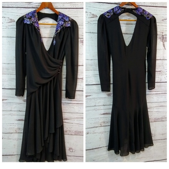 80s beaded shoulder chiffon open back wrap dress - Picture 6 of 6